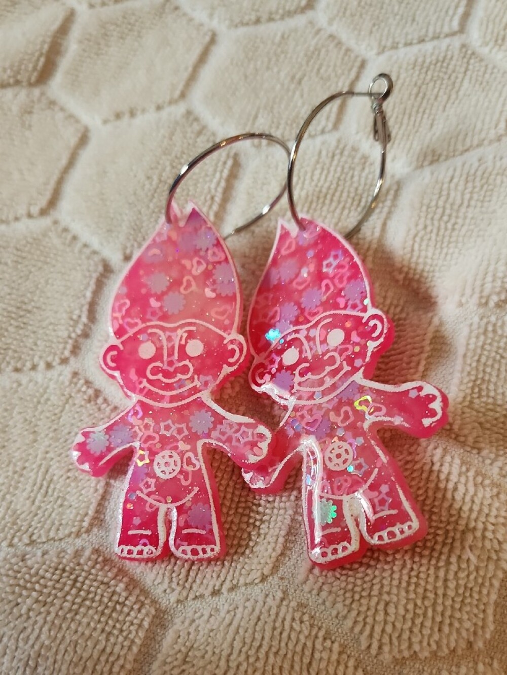Pink Acrylic Novelty Earrings Set - Trolls, Hoops, Rectangles, Tooth Charms - Picture 2 of 5